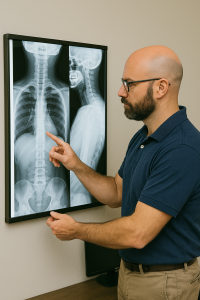 Chiropractor analyzing X-rays to develop a treatment plan using the Gonstead Chiropractic Technique.
