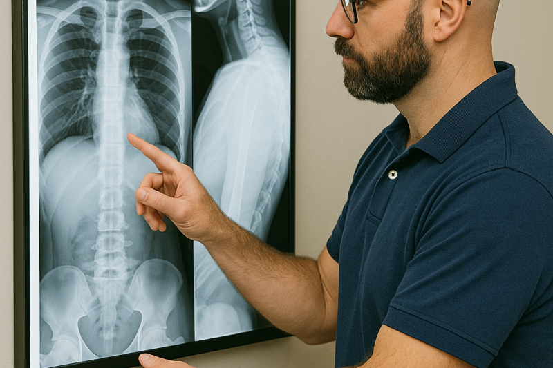 Chiropractor analyzing X-rays to develop a treatment plan using the Gonstead Chiropractic Technique.