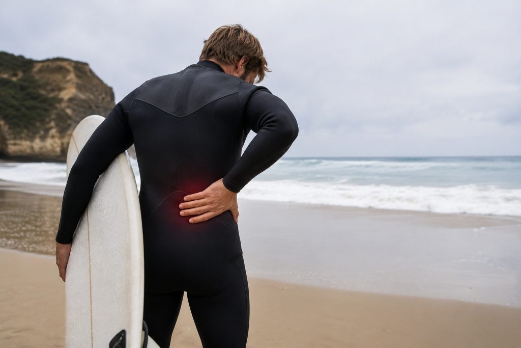 San Diego surfer experiencing lower back pain after a surf session
